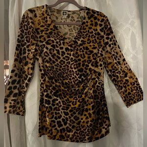 Anne Klein Animal Print Blouse Faux Wrap with Ruching at Waist size L